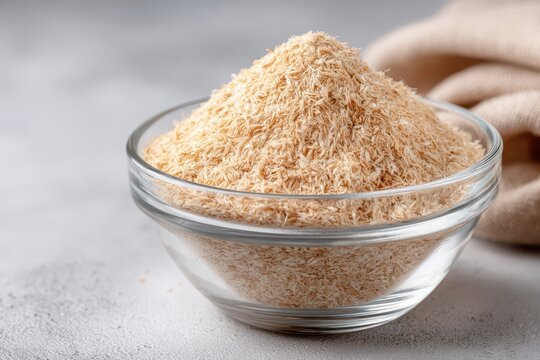 Psyllium husk in a glass bowl on grey background, dietary fiber supplement, healthy eating, natural laxative, weight management, close-up, high angle shot.