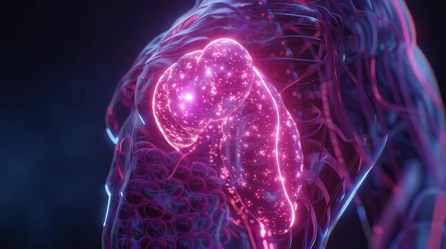 3D human torso, pancreas highlighted, glowing tumor mass pulsating neon red purple, veins animated blood flow organs semi-transparent, cinematic lighting, dark background, high detail medical