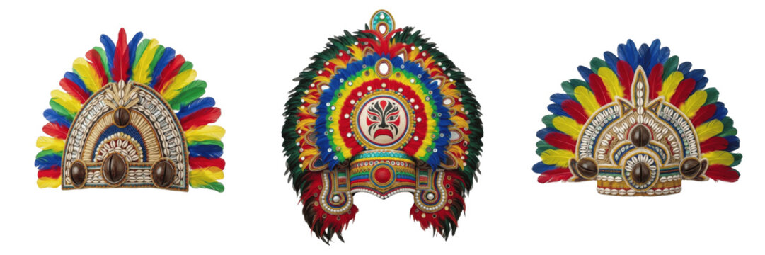 Set of 3 Vibrant Carnival Feather Headdresses with Shells and Beads Transparent Background PNG