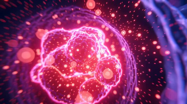 Microscopic view human pancreas, glowing tumor cells neon and purple, surrounding healthy cells dividing, immune cells interacting, semi-transparent blood vessels deep focus tumor, cinematic lighting
