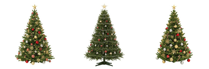 Fototapeta premium Set of 3 Decorated Christmas Trees with Ornaments and Gold Stars Transparent Background PNG