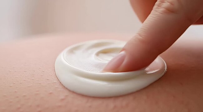Close up of finger applying a white creamy lotion onto skin surface