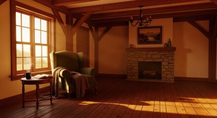 Cozy interior with fireplace window and armchair in warm sunlight