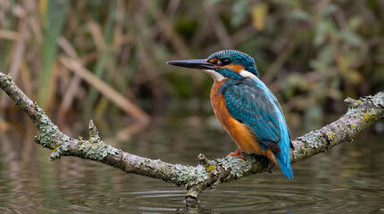 Common Kingfisher Perched on Branch Over Water with Soft Background