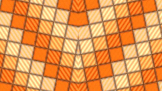 Abstract checkered pattern with orange and yellow squares, some solid and some diagonally striped, creating a warped, symmetrical visual effect.