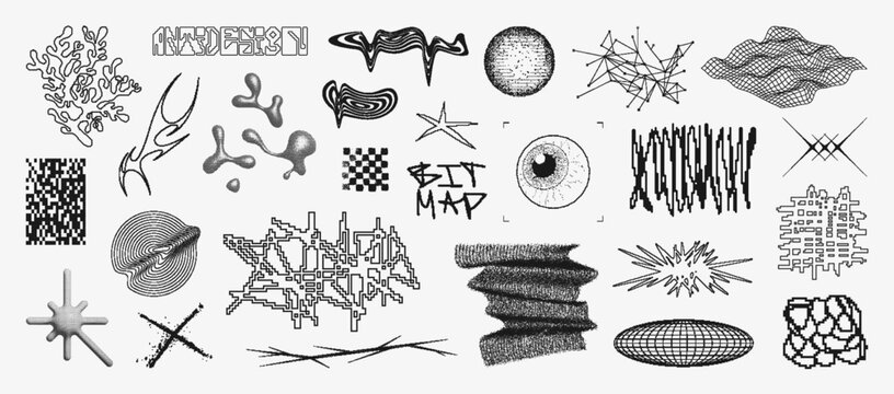Bitmap graphic pack with monochrome universal geometric shapes, 3D elements, pixel objects with glitch. Retrofuturistic Bitmap elements. Brutalism 8bit, pixel figures, abstract 3D shapes. Vector set