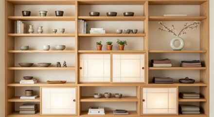 Wooden shelving unit with decorative items minimalist interior design