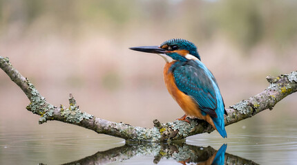 Obraz premium Common Kingfisher perched on a lichen covered branch over water with reflection and soft bokeh background