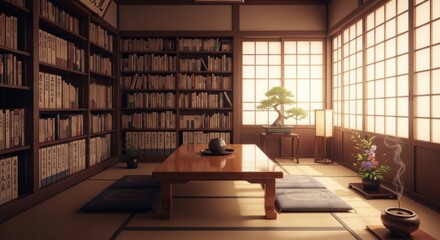 Tranquil japanese interior with bookshelf bonsai and tatami mats