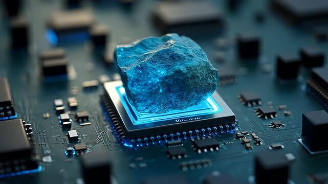 Rare earth elements chip technology glowing blue mineral stone computer circuit board and processor surface futuristic electronic innovation energy material connection rare mineral rock earth crystal