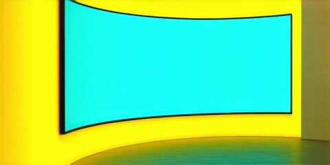 Obraz premium Curved screen dominates dark room. Bright yellow illumination highlights display, creating modern aesthetic. Minimalist stage setup.