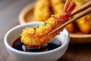 A close-up shot of a crispy fried shrimp tempura being dipped in a dark soy sauce, using chopsticks, on a wooden table, featuring culinary art and food photography.