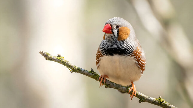 Zebra Finch Bird Perched on a Mossy Branch Close Up