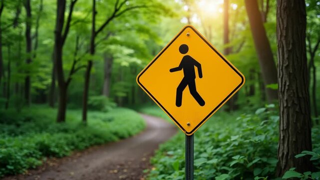 Caution Pedestrian Traffic Sign in Green Forest Safety Awareness in Nature 
