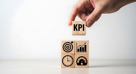Hand placing KPI cube above wooden blocks with business performance icons key performance indicator