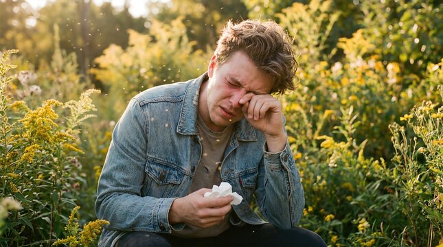 Young man suffering from seasonal allergies, rubbing his itchy and watery eyes while holding a tissue outdoors near yellow wildflowers.