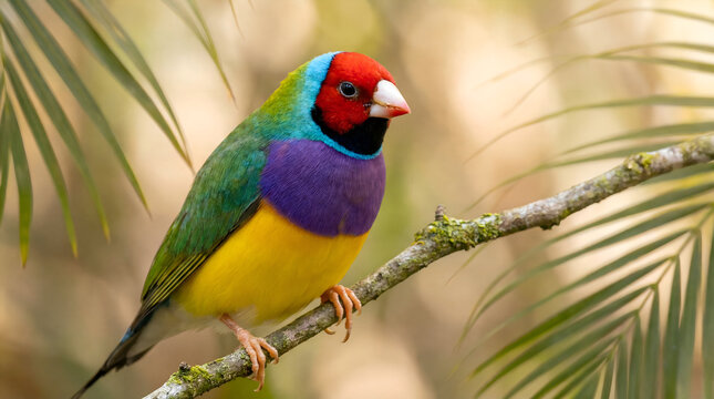 Colorful Gouldian Finch Bird Perched on Branch
