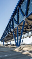 Fototapeta premium A Modern Blue Elevated Structure With Transparent Sections Against a Clear Sky Backdrop
