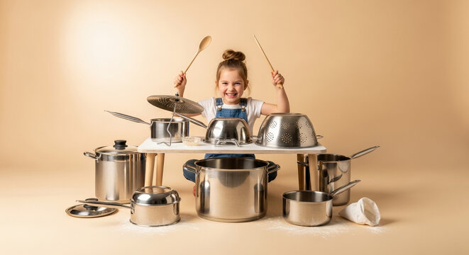 Girl drumming on pots and pans while having fun in the kitchen  