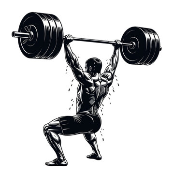 Man lifting heavy weights overhead strong isolated on transparent background.