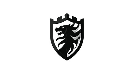 A black and white shield design featuring a dragon's head and stylized mane. The shield is a crest shape