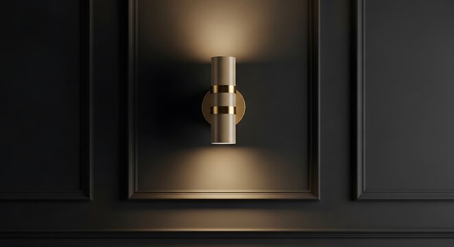 Modern Beige Sconce Light Fixture With Gold Accents On Dark Paneled Wall interior lighting