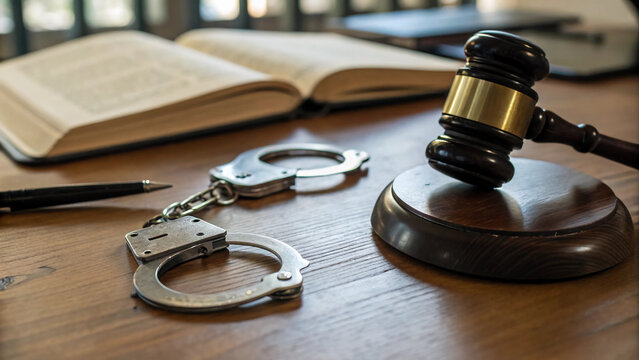A legal gavel, open law book, and handcuffs rest on a wooden desk, symbolizing the intersection of judicial authority, criminal justice legislation, and the enforcement of law within the court.