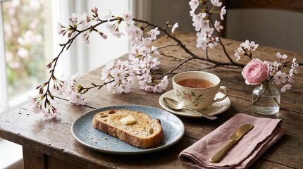 Delicate Spring Morning Breakfast with Blooming Cherry Blossoms and Herbal Tea