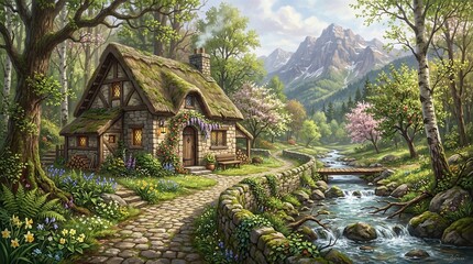 Enchanting stone cottage nestled amidst lush forest foliage beside a babbling brook and majestic