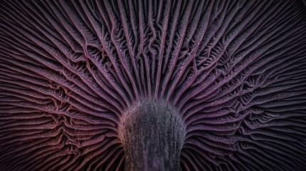 Intricate purple mushroom gills displaying a mesmerizing organic labyrinth of delicate structures