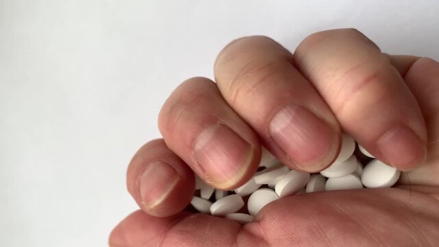 Many pills in the hand. A man takes a handful of white pills, suicide. Treatment for an illness.