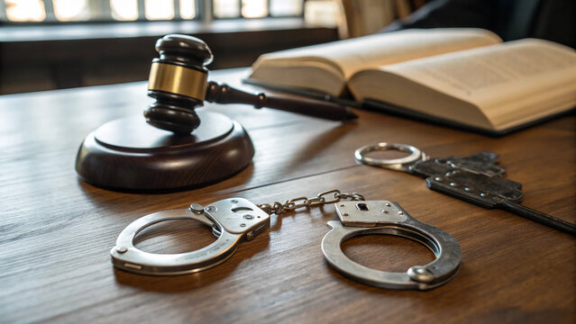 A gavel, law book, and handcuffs on a wooden desk depict the traditional elements of the criminal justice system and the enforcement of statutory law.