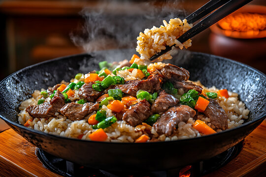 Beef Fried Rice Bowl with Vegetables and Chopsticks 