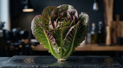 Vibrant red romaine lettuce presented artfully on a dark stone surface with subtle kitchen