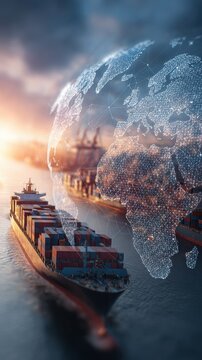 Global shipping logistics concept with cargo ship and digital world map