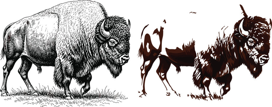 Vintage hand drawn engraving of an American bison buffalo, wild animal standing in grass, cad drawing flat vector illustration, isolated