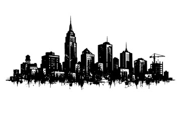 Obraz premium Urban cityscape with modern skyscrapers and construction site silhouette against white background