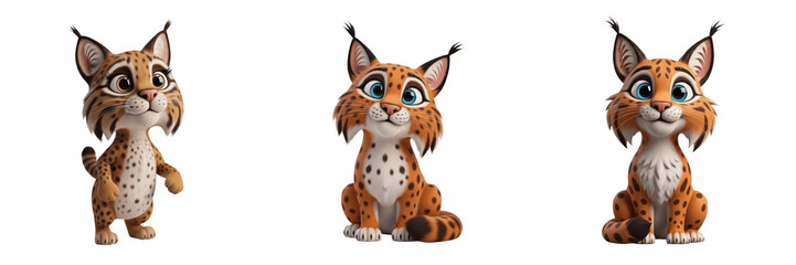 Fototapeta premium Three Cute Lynx Characters with Pointed Ear Tufts and Spotted Fur Isolated on White Background PNG for Kids Woodland Wildlife Animal Illustration Design Set Bundle