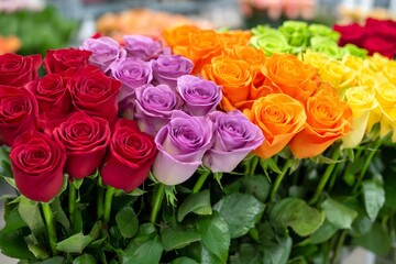 Fototapeta premium Colorful roses creating a vibrant rainbow floral background