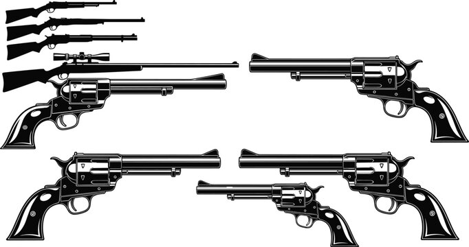 Wild west revolver and rifle set, vintage handgun and firearm vector collection, cad drawing flat vector illustration, western weapon icons