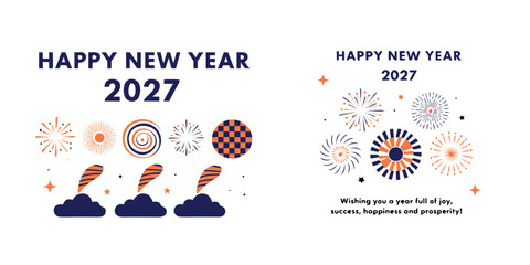 Fototapeta premium Happy New Year 2027 – Vibrant Fireworks and Rocket Illustrations with Bold Festive Typography for Holiday Greetings, Event Flyers, Posters, and Celebration Graphics