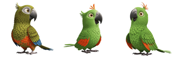Fototapeta premium Three Cute Green Amazon Parrot Characters with Red and Blue Wing Details Isolated on White Background PNG for Kids Tropical Jungle Bird Illustration Design