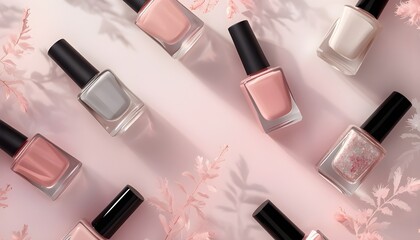 Obraz premium Pastel Nail Polish Bottles on Soft Background – Minimal Cosmetic Beauty Concept