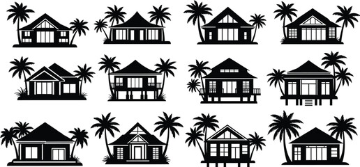 Naklejka premium Collection of tropical house silhouettes with palm trees
