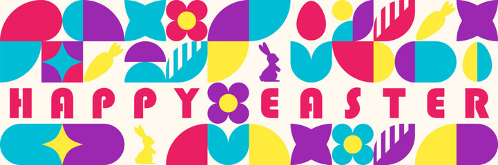 Fototapeta premium Happy Easter banner in modern Bauhaus geometric style with abstract holiday symbols. Vector illustration