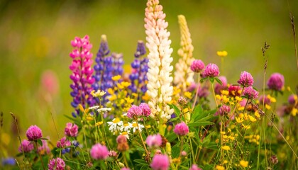 Obraz premium Vibrant wildflowers blooming in sunlit spring meadow with soft bokeh background