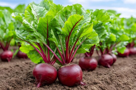 Fresh organic beets growing in fertile garden soil