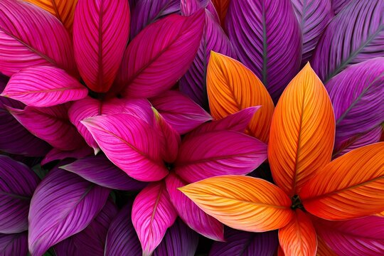 Colorful tropical leaves creating vibrant abstract nature background