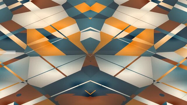 Abstract geometric pattern with symmetrical design in earthy tones, featuring complex interlocking shapes and lines creating a dynamic visual.