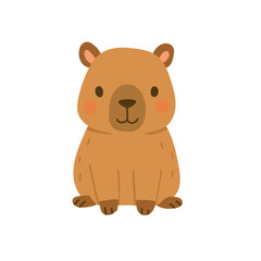 Fototapeta premium Cute cartoon capybara sitting with round body and blush cheeks, simple flat animal illustration perfect for nursery decor, children design, stickers and playful wildlife themed graphics.